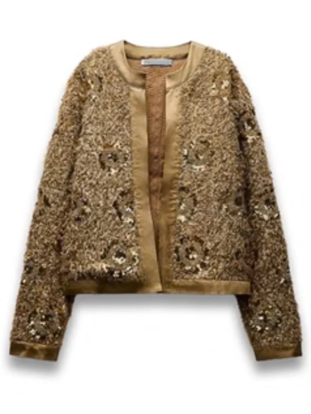 ZARA Brown Gold Fur Sequin Beaded Collarless Jacket